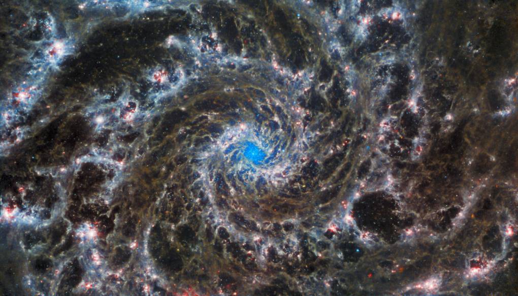 This image shows Webb near-infrared data combined with optical data from Hubble. Lacy red filaments spiraling out of the center of the galaxy are overlaid over a black field speckled with stars. The center of the galaxy glows in a pale color. The red filaments contain pops of bright pink, and some blue stars are visible in the background. The red color is dust, lighter oranges in the dust mean that dust is hotter. The young stars sprinkled through the arms and around the core of the galaxy are blue. Heavier older stars nearer the center of the galaxy are cyan and green and contribute to its glow. The pink pops of color are star forming regions.