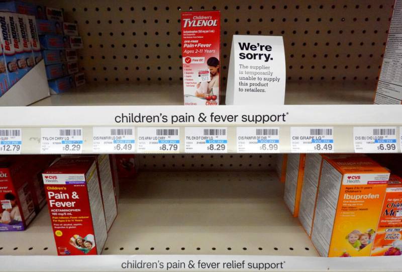 A sign reads 'We're sorry' in a children's pain and fever remedy section of a CVS pharmacy on December 6, 2022 in Burbank, California. Southern California is being hit by a wave of three viruses, the flu, COVID-19 and RSV, with the CDC classifying the state of California as having a ‘high’ level of flu activity. Shortages of basic cold and flu remedies are being seen in some pharmacies in the region ahead of the holiday season.