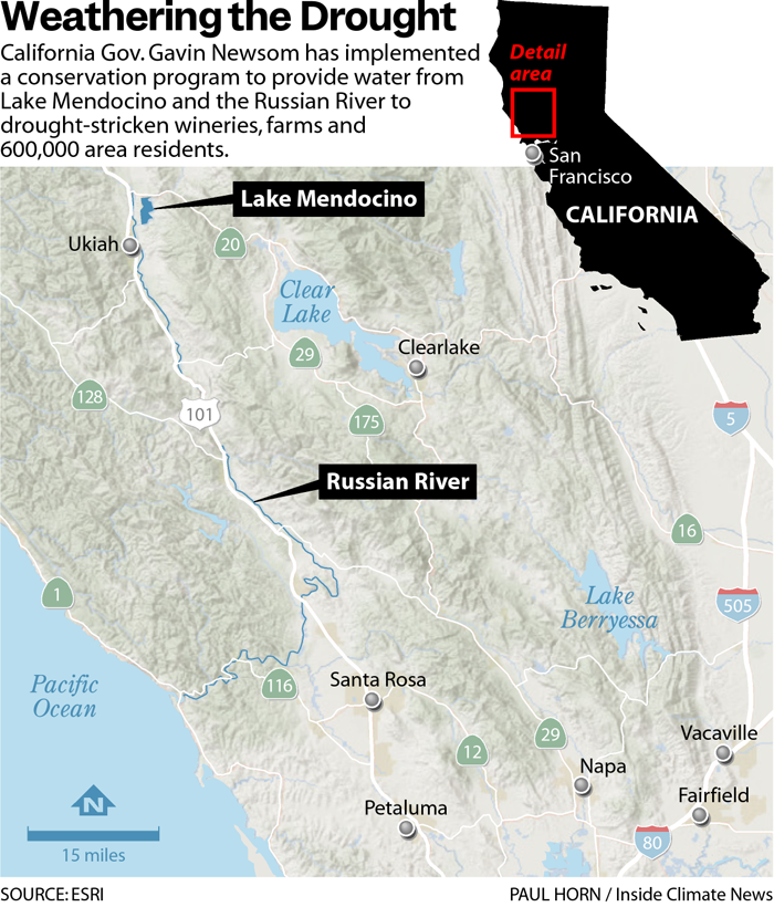 California Gov. Gavin Newsome has implemented a conservation program to provide water from Lake Mendocimo and the Russian River to drought-stricken wineries, farms and 600,000 area residents