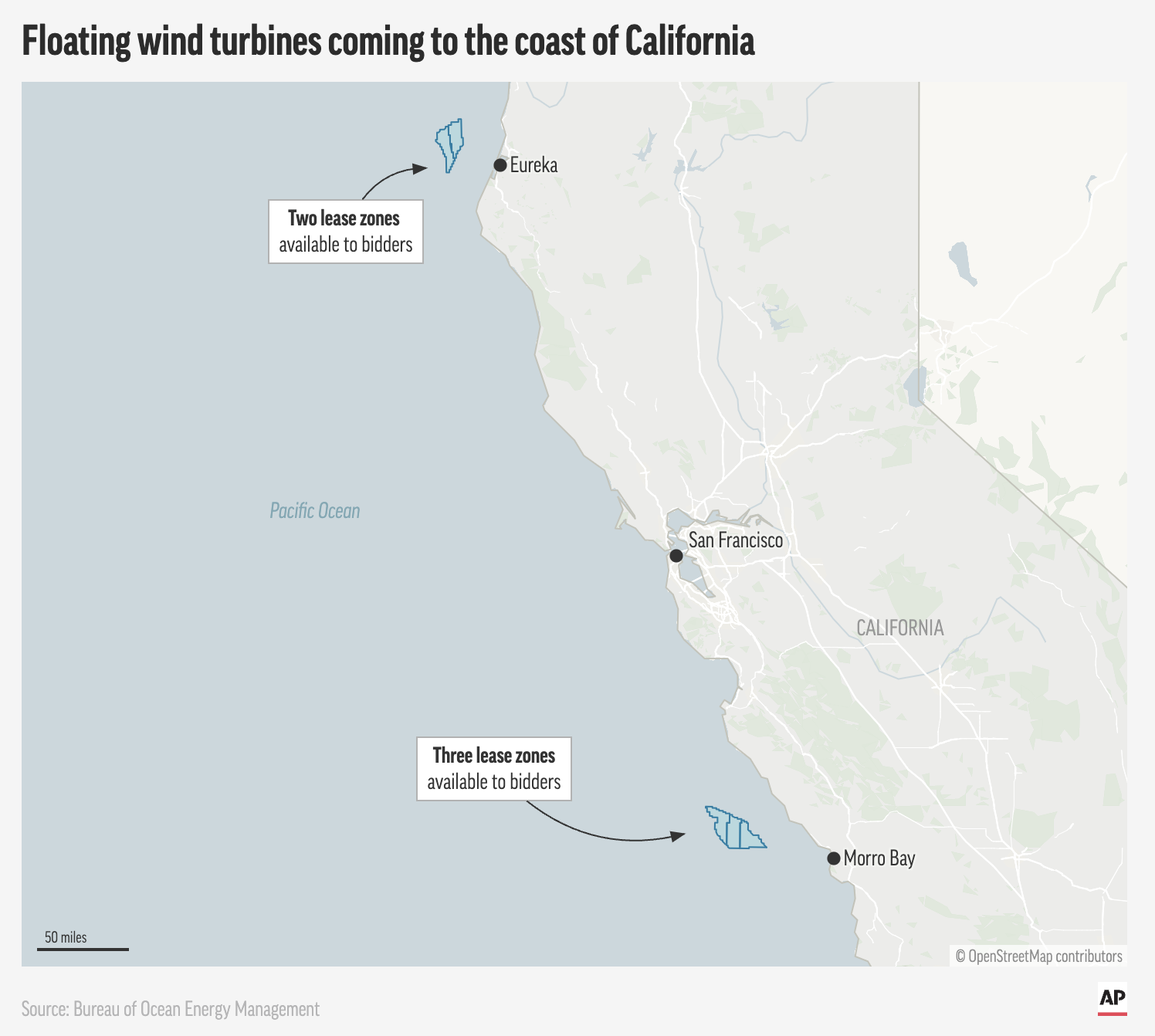 Map of California coastline showing parcels leased for wind turbines