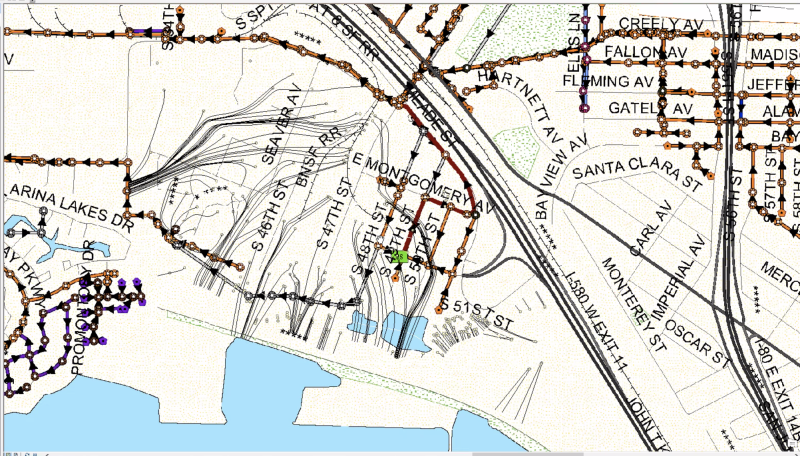 A white map showcasing sewer lines in the town of Richmond next to the a blue area representing the San Francisco Bay. Thin black lines showcase chemicals potentially moving underground. 