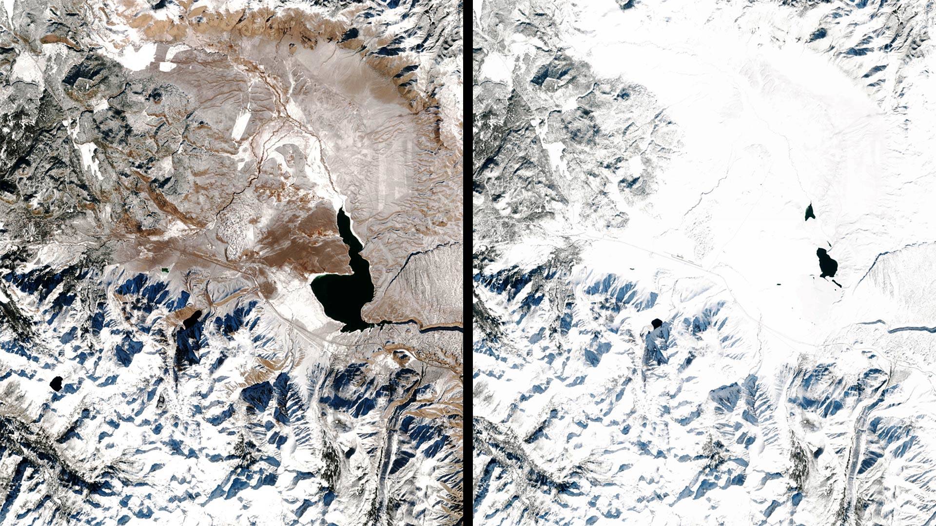 Before and after the snowstorms: Satellite images of Crowley Lake on Jan. 2, 2019 and Jan 30, 2019, after the Sierra Nevada was pummeled with snow. Courtesy <a href="https://www.planet.com/">Planet</a>