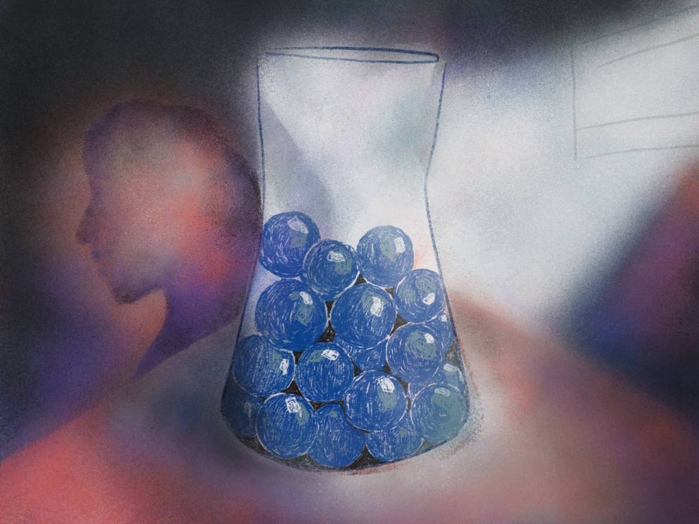 A drawing of a clear jar filling with round, blue marbles.