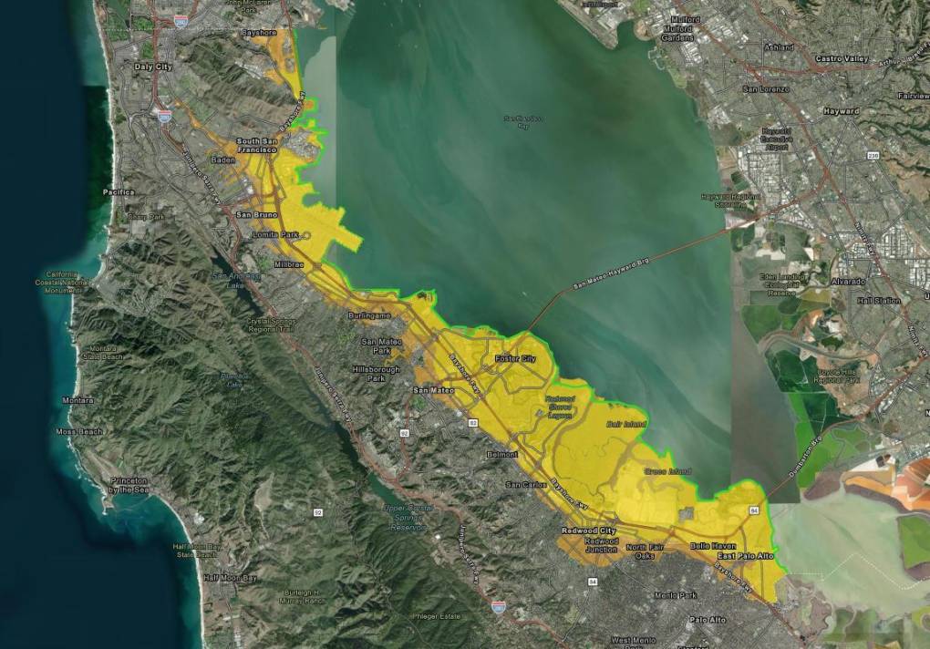 A green map of the southern Bay Area, with a large section of San Mateo's coastline in yellow. 