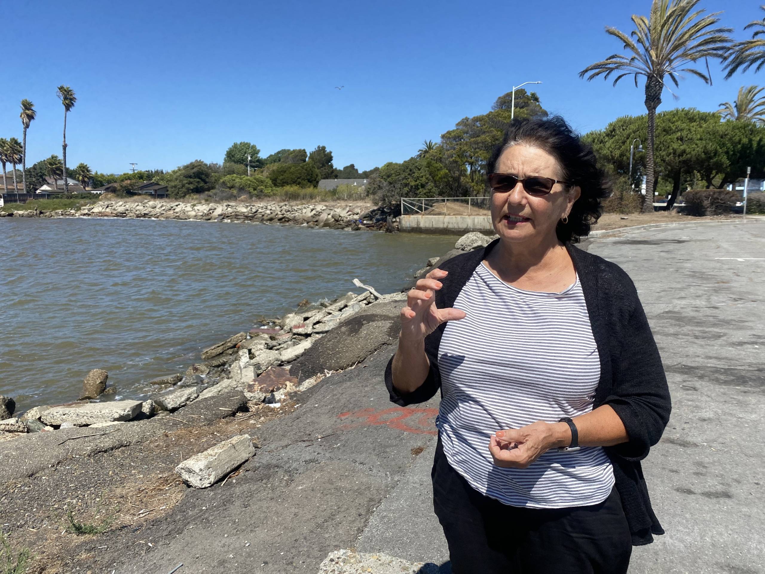 A middle aged white woman with dark brown hair stands beside the shore of San Leandro Bay as she talks toward the camera with sunglasses on.
