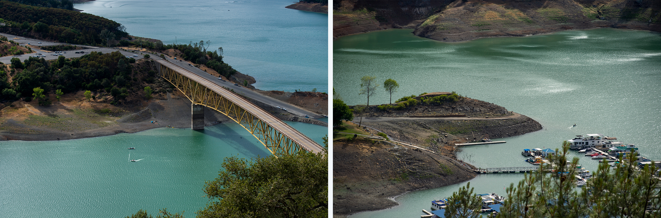 Two photos of the a lake with low water levels. On the left, a bridge crosses a span where the banks of the lake are so low that the lake bed has been exposed. On the right, the same is the case but boats are also seen in dock.
