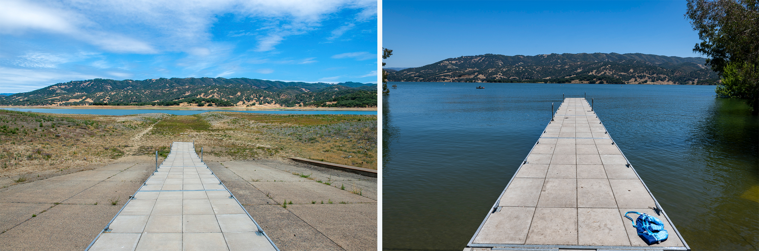 Two photos of the boat dock at different points in time. On the left, the dock sits on the floor of the dried out lake bed. On the right, it floats on top of the water.