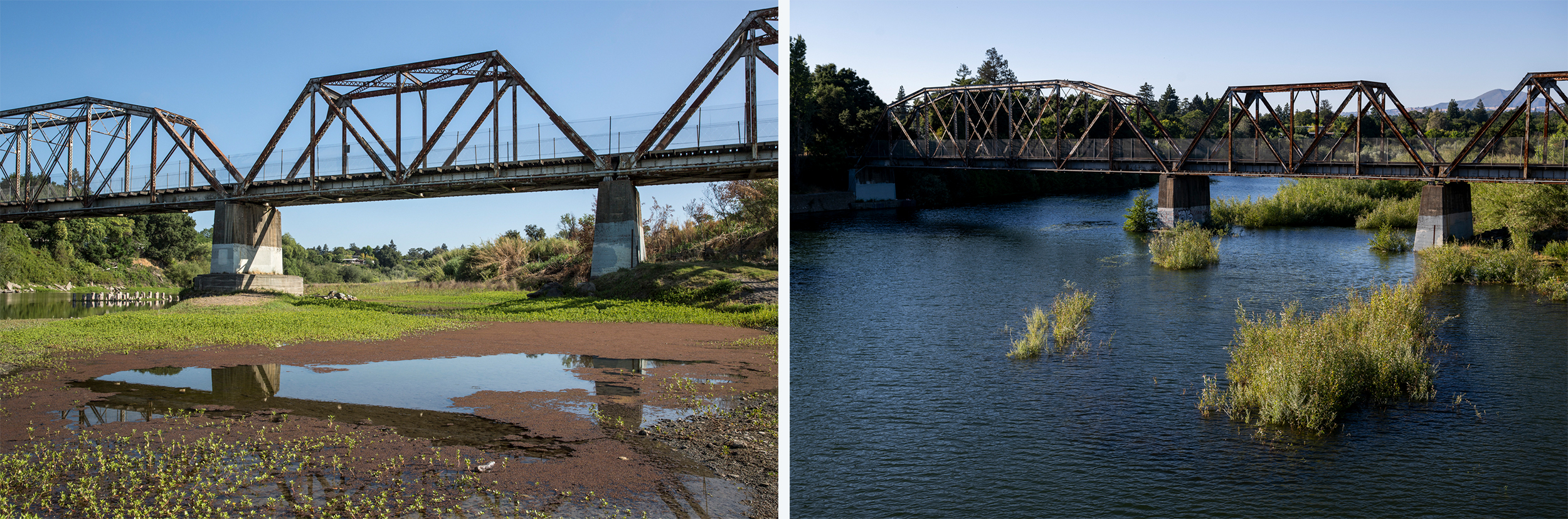 Two photos of the same iron bridge at different moments in time. On the left, there are standing pools of water in the river bed. On the right, the banks of the river brim with flowing water.