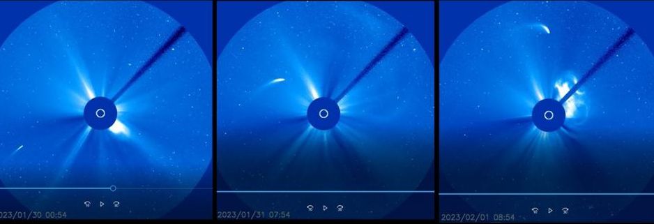 A sequence of three images of a comet grazing the sun.