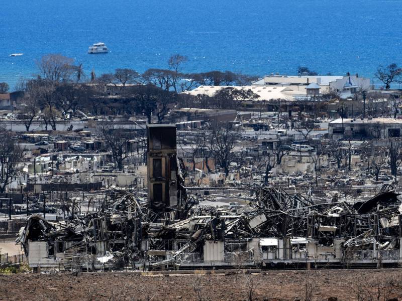 Image shows destruction caused in a town after a wildfire. 