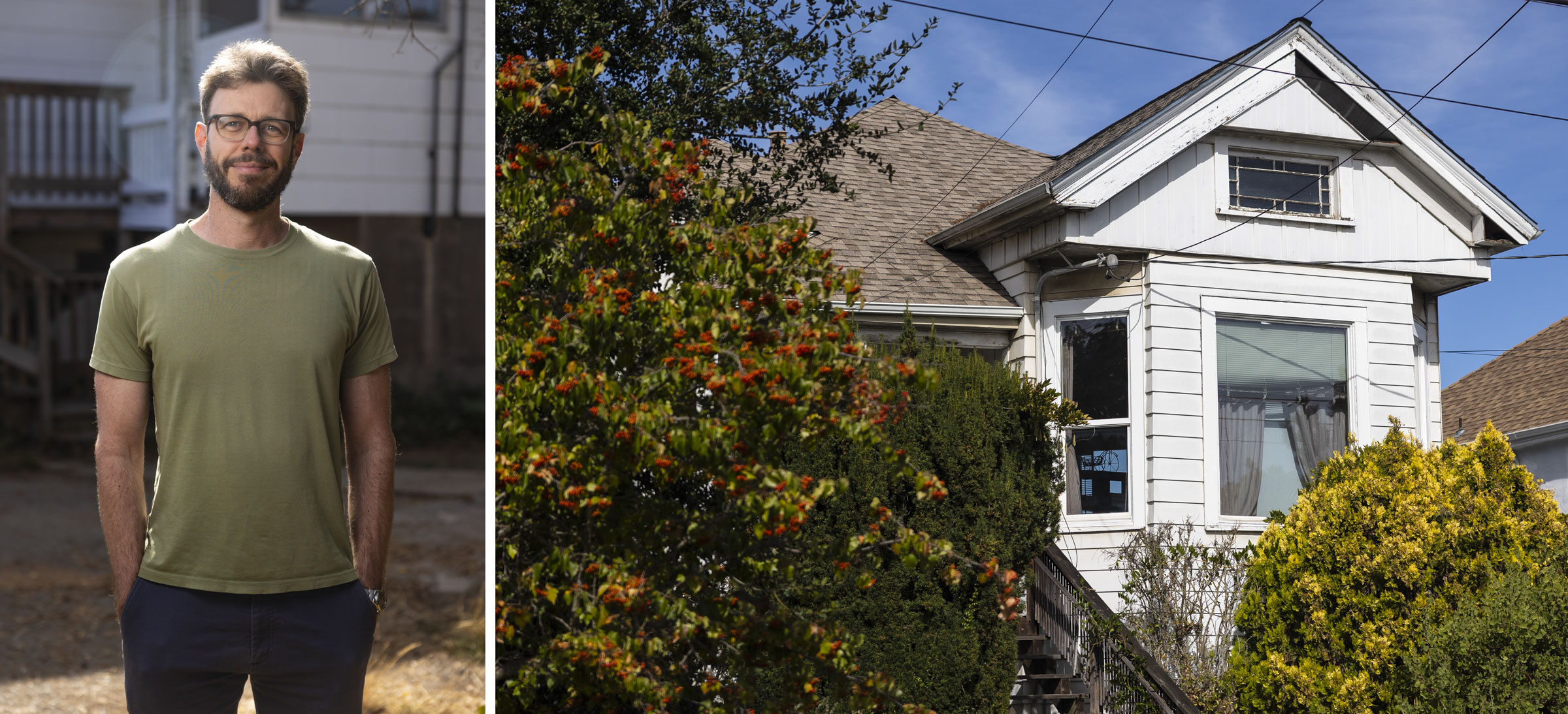 Two photos side by side: one of a person with glasses and one of a house.