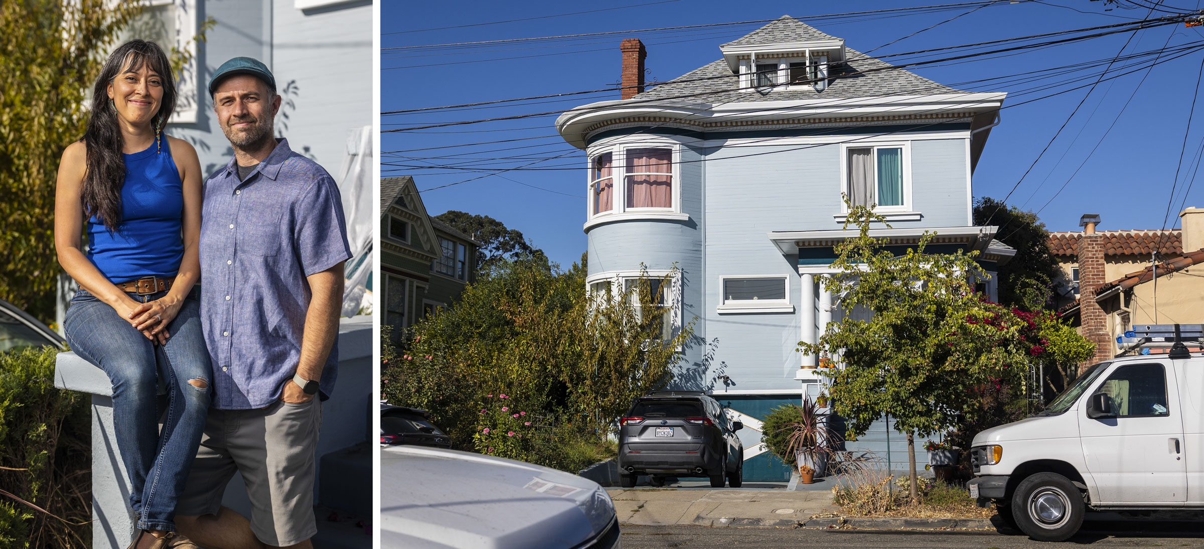 Two photos side by side: one of two people and one of a blue house.