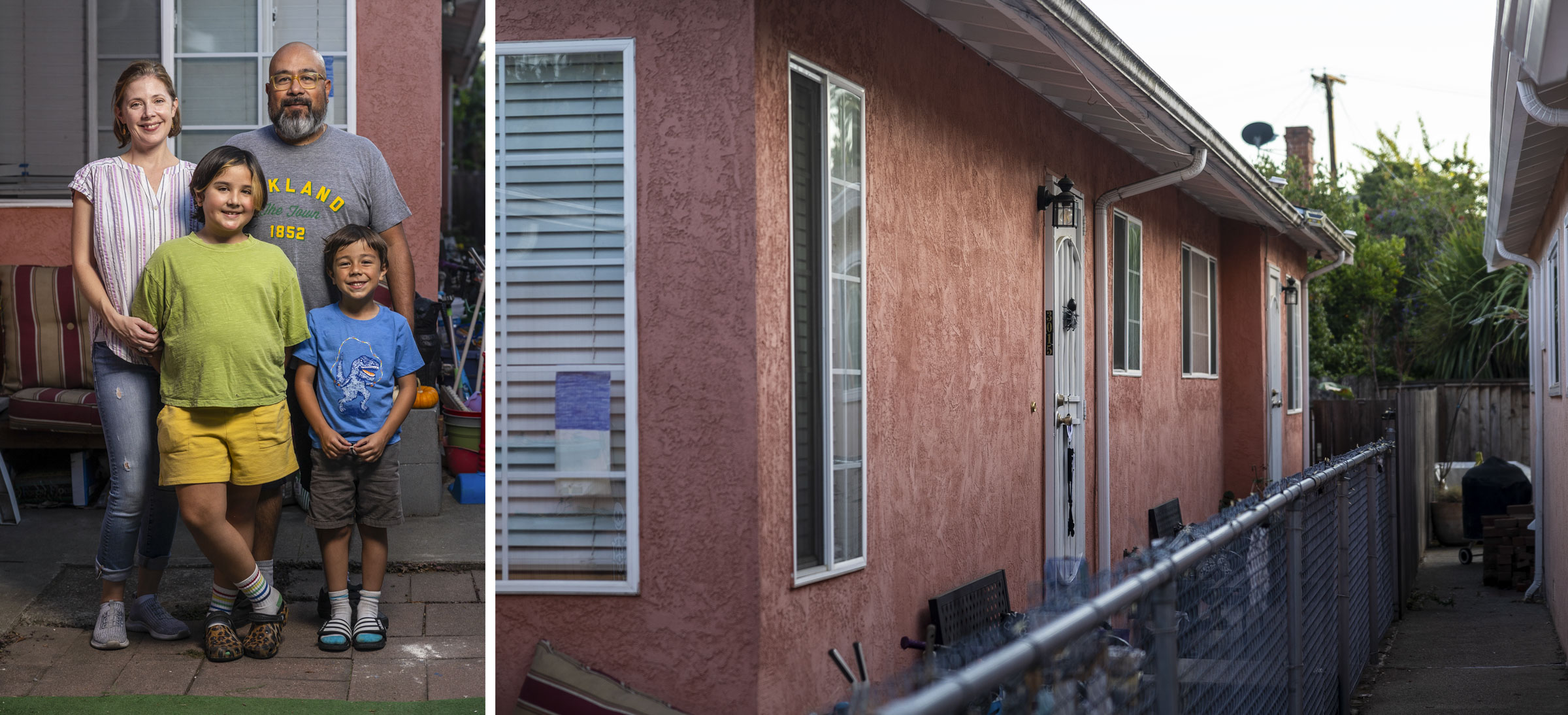 Two photos side by side: One of a family of four and one of a pink house.