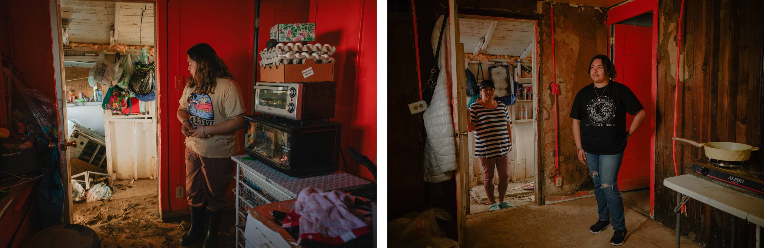 Two photos next to each other of people standing in doors. On the left a person looks at flood damage. On the right they stand in a bare room as their mother looks on.