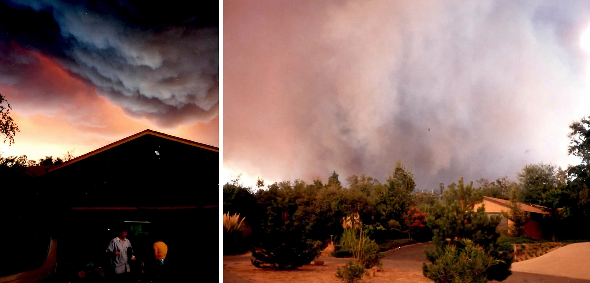 Left: Dark smoke billows above a structure. Right: Light gray and reddish smoke rises above a home surrounded by trees.