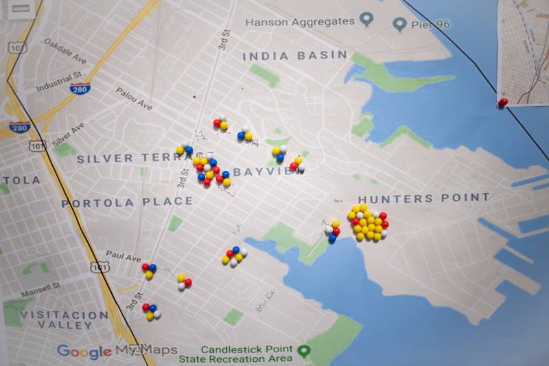 A map of San Francisco's east side with clusters of yellow, blue, white and red pushpins.