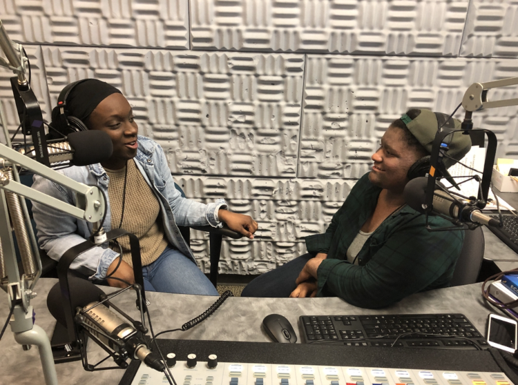 Sam Mann (right) and Ragan Foster in the studio of keCg, El Cerrito High School's radio station for Youth Takeover 2019.