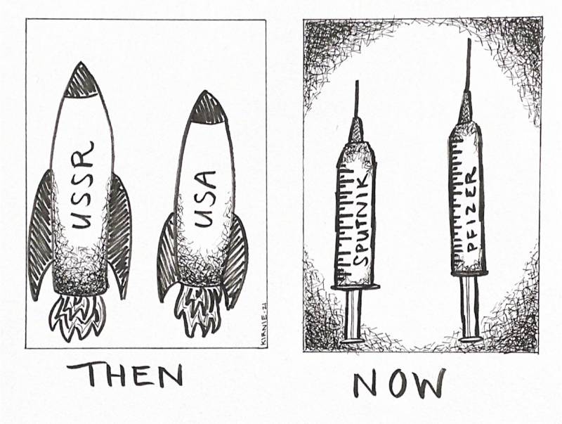 Cartoon comparing Russia and the U.S. competing during the space race and developing the COVID-19 vaccine