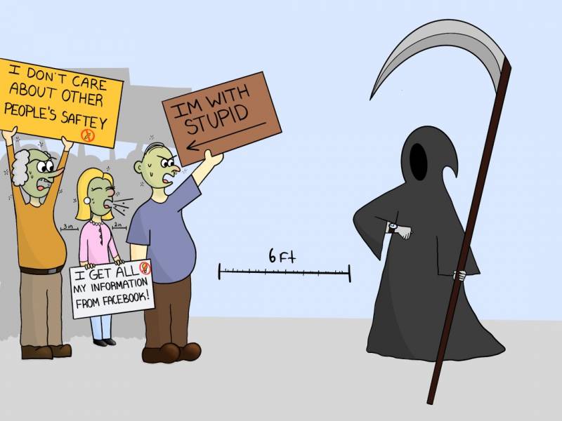 Cartoon of a patient Grim Reaper waiting for anti-vaxxers