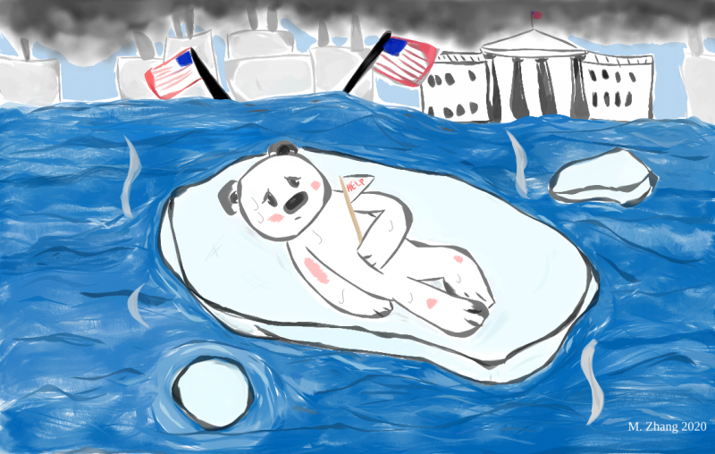 Cartoon showing a polar bear getting sun burned on a shrinking block of ice while fossil fuels burn in the background
