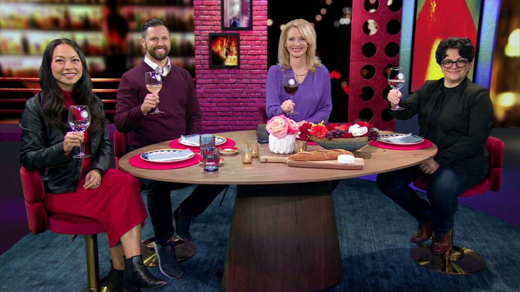 Three Bay Area residents join host Leslie Sbrocco in lifting their wine glasses in a "cheers." 