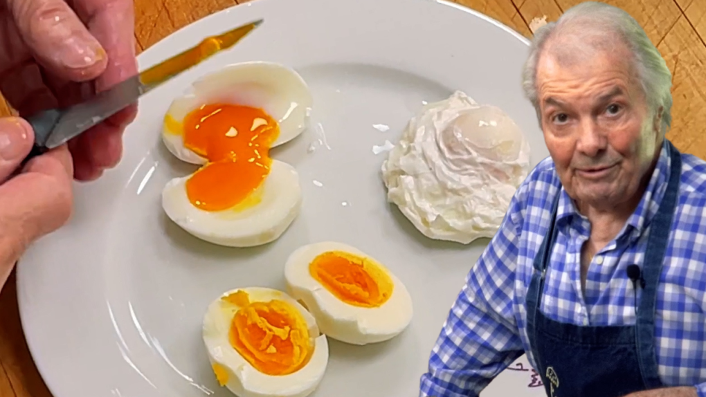 One poached egg, one hard boiled egg, one oueff mollet with brilliant yellow yolks on a plate. Jacques Pepin in foreground looking at the camera.