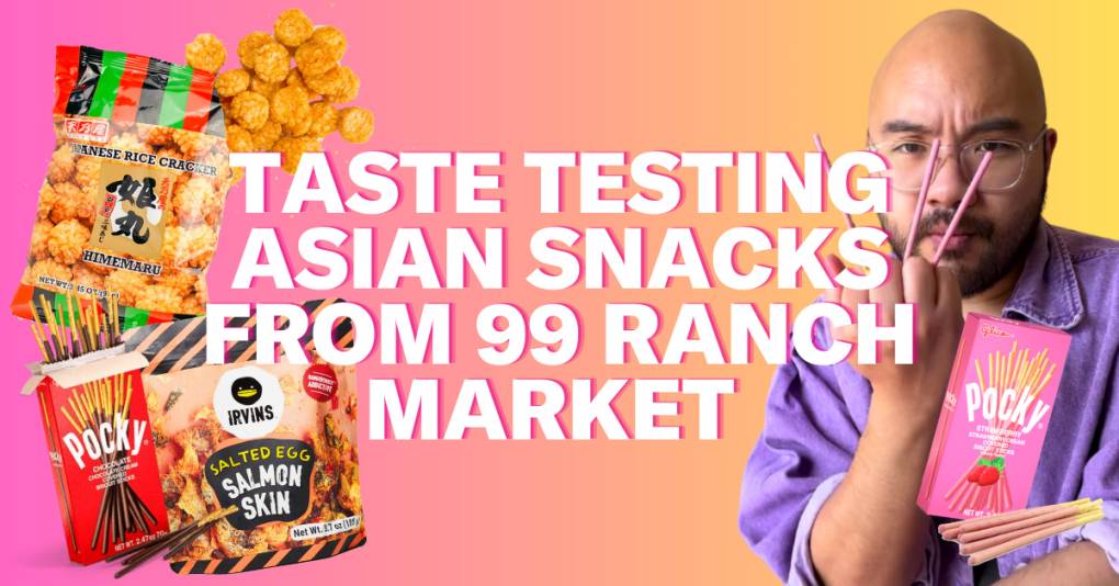 Various Asian supermarket snacks on a pink and orange gradient background