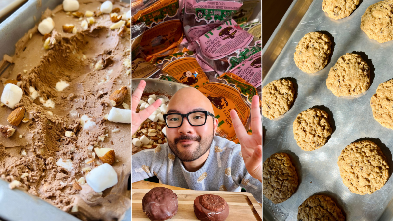 A triptych image with a close up of rocky road ice cream on the left, a tray of oatmeal cookies on the right, and a young bald Filipino man with glasses standing over a chocolate ice cream sandwich in the middle