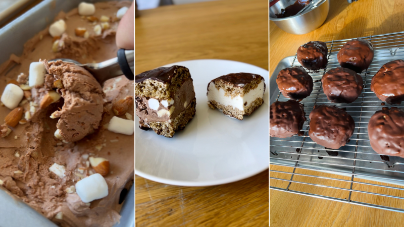 A triptych image with a close up of rocky road ice cream on the left, a homemade It's-It's ice cream sandwiches on the right, and a a cross-section of both the homemade It's-It and real It's-It in the middle