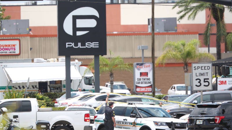A police vehicle outside the Pulse nightclub, the scene of a mass shooting in Orlando, Florida, on June 12, 2016.