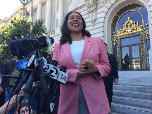 London Breed speaks to reporters and supporters from the steps of San Francisco's City Hall after Mark Leno conceded the race for San Francisco mayor on June 13, 2018.
