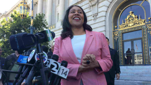 London Breed speaks to reporters and supporters from the steps of San Francisco's City Hall after Mark Leno conceded the race for San Francisco mayor on June 13, 2018.