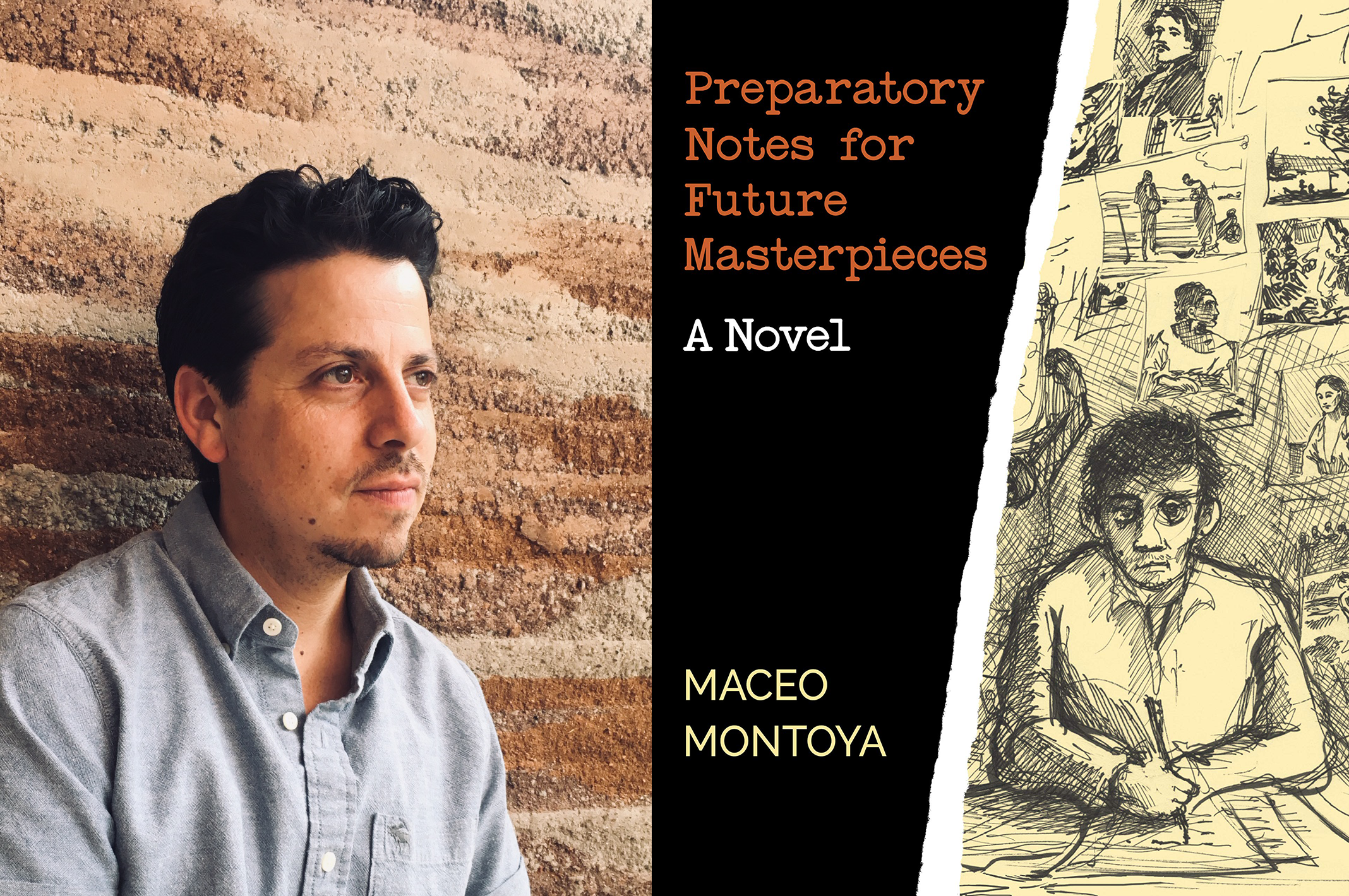 Headshot of Maceo Montoya and cover of his book “Preparatory Notes for Future Masterpieces”