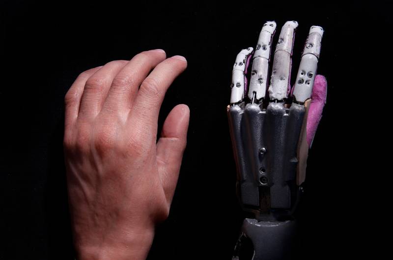 A human-like prosthetic hand next to a robotic looking prosthetic hand.