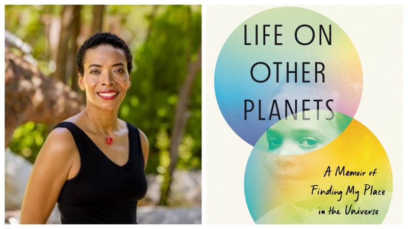 On the left is an image of a Black woman with short, dark hair. She's smiling and is standing with her hands behind her back. On the right is the cover art on a book. The background is white and there are two overlapping colorful circles. The title reads "Life on Other Planets"