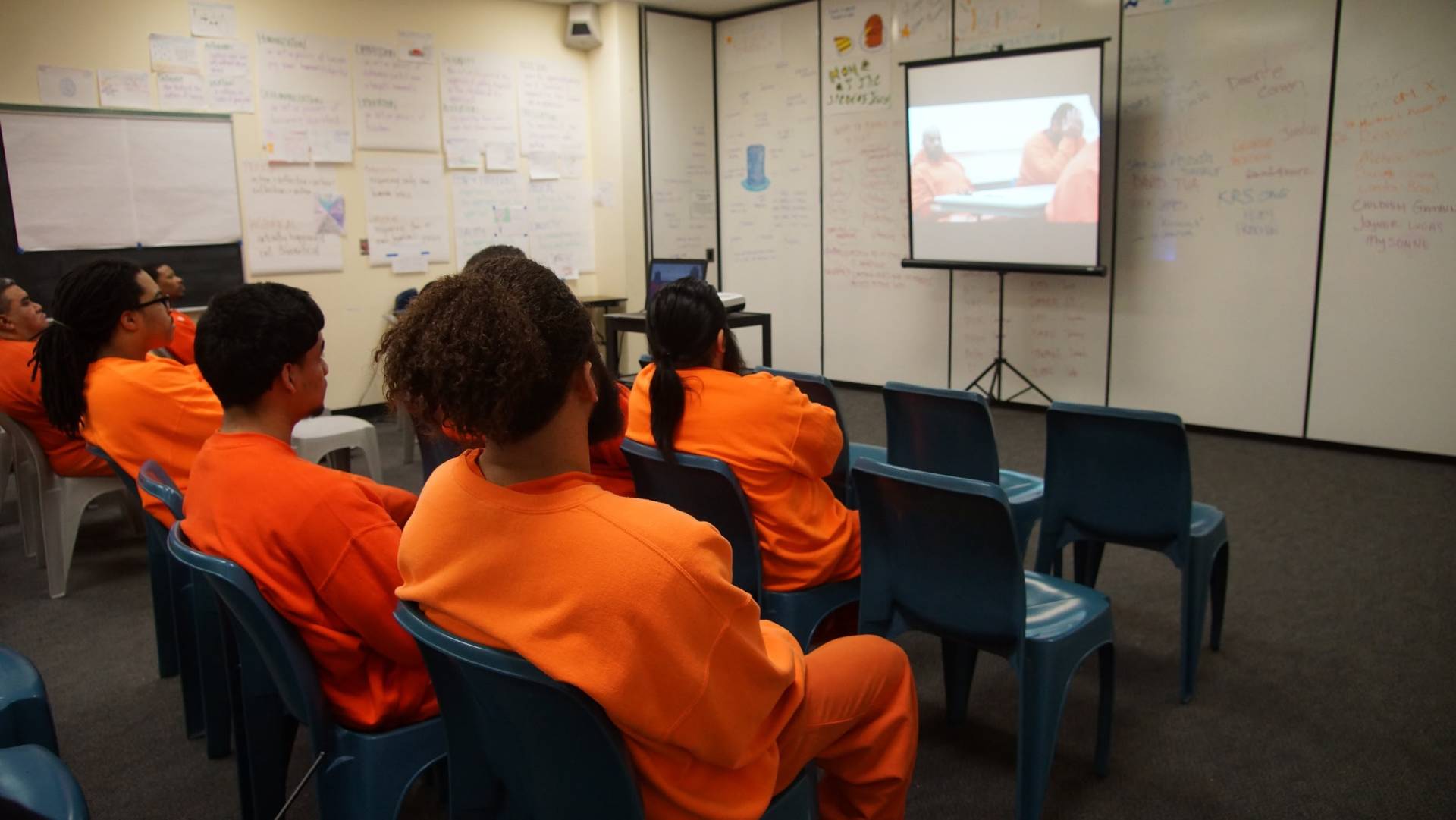 Students at Five Keys Charter School watch The Corridor, a documentary film about the nation’s first high school inside an adult jail, which airs on KQED’s Truly CA on Friday, June 22 at 8 PM.