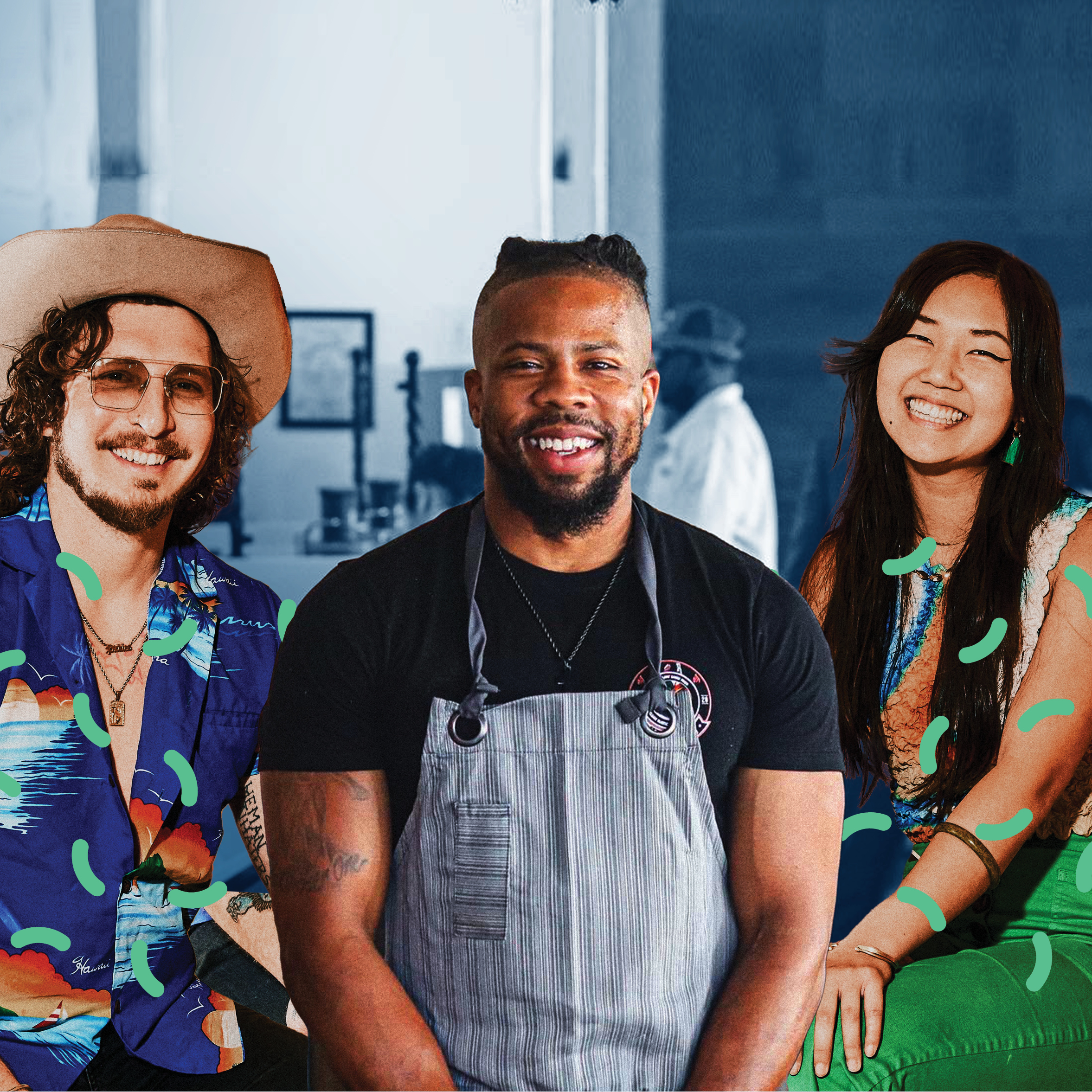 A man wearing a cowboy hat, a man wearing an apron, and woman wearing a colorful shirt all smiling in a cafe setting 