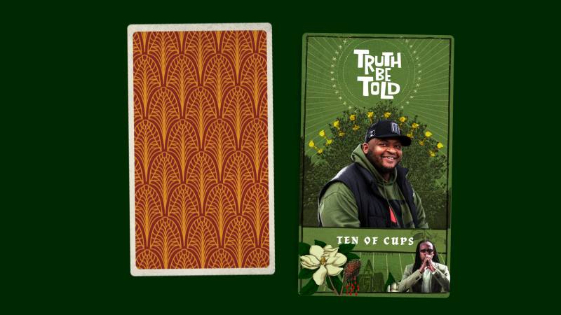Deck of cards where one is turned over to show the guest Kiese surrounded by green flowers and trees and another guest Ibram in the right corner