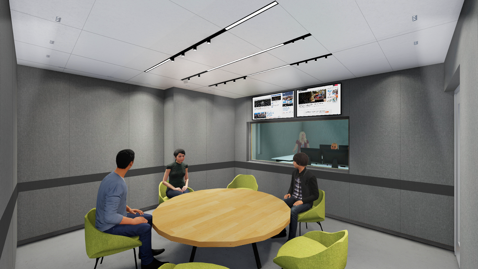 Digital rendering featuring several people sitting around a round wooden table. One person looks over shoulder into glass window where two more people sit behind computers.