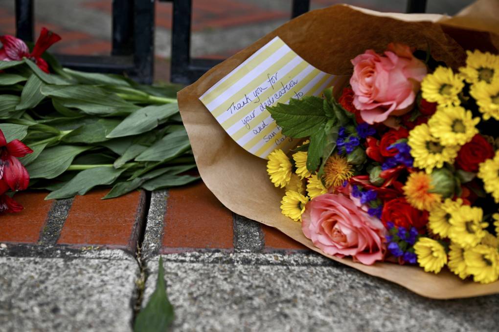 Flowers left in front of Dianne Feinstein's house in San Francisco on Sept. 29, 2023.