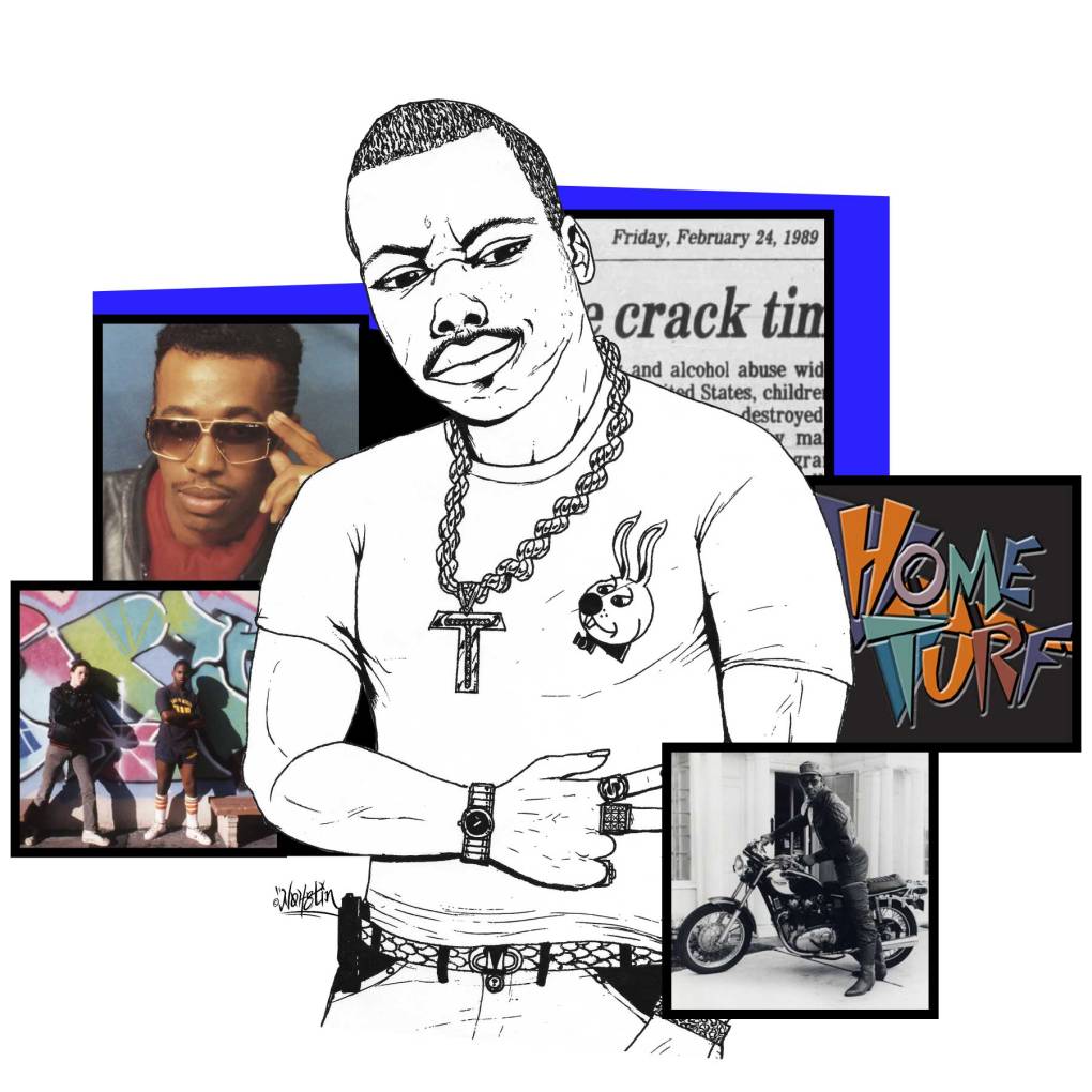 Illustration of man in white T-shirt wearing a beeper and gold chain, surrounded by small photos of MC Hammer, a newspaper headline about crack, a Home Turf logo, Motocycle Mike and graffiti artists against a colorful wall.