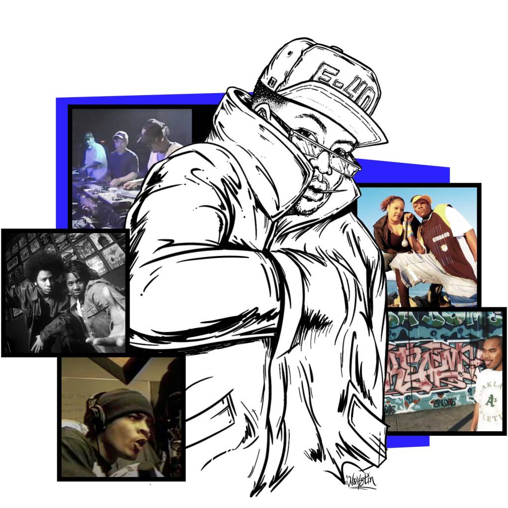 Illustration of a man in large jacket and ball cap with glasses, surrounded by small photos of the Conscious Daughters, Mike Dream Francisco, Saafir, The Coup and the Invisibl Scratch Piklz.