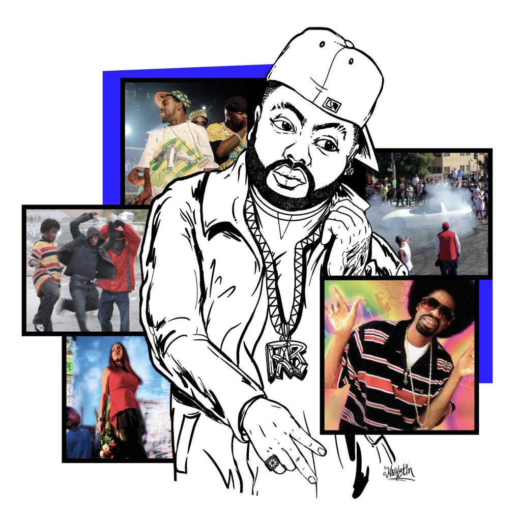 Illustration of a man in backwards baseball cap and gold chain, surrounded by small photos of Mac Dre, Mystic, Turf Fienz, Keak Da Sneak and a car in a sideshow.