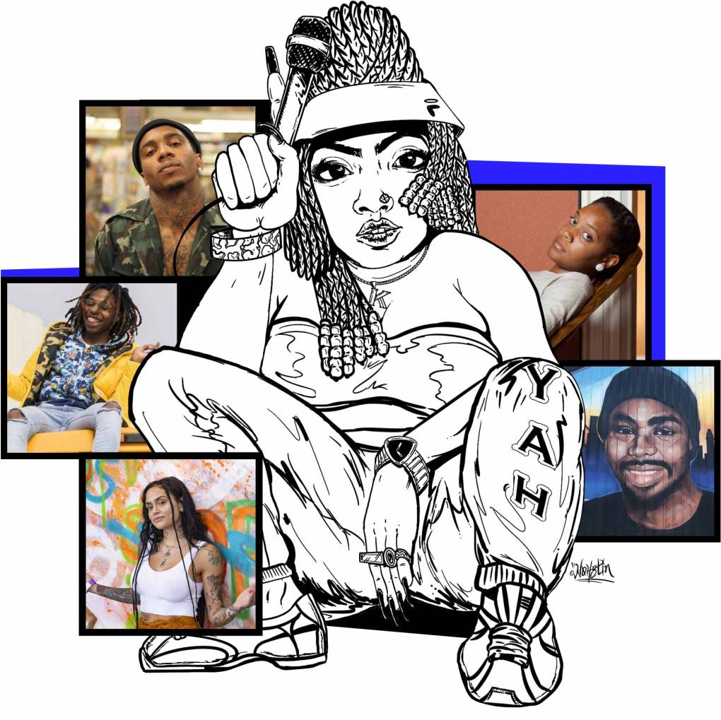 Image of a woman in track pants and Fila visor, holding a microphone, surrounded by Lil B, Chinaka Hodge, a mural of Oscar Grant, Kehlani and Nef the Pharoah.