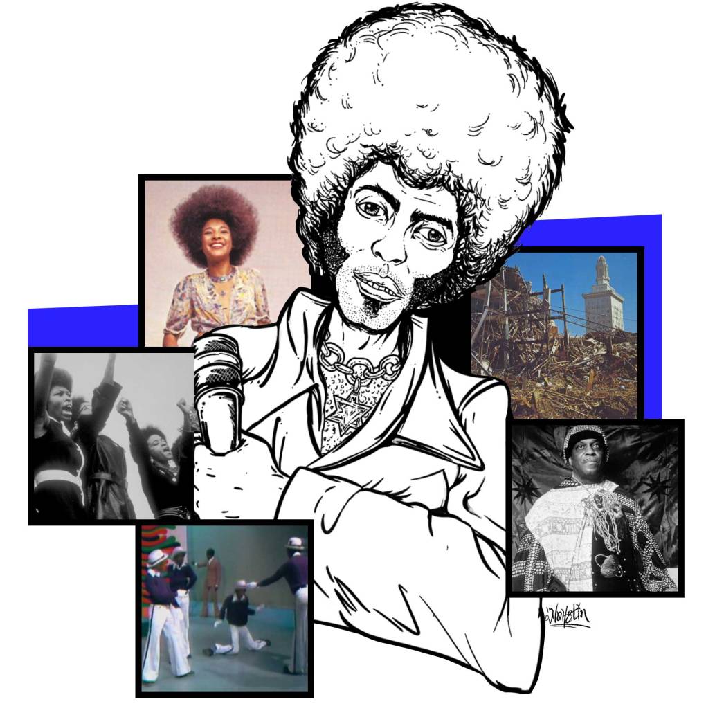 Illustration of man with large afro holding microphone, surrounded by small photos of Betty Davis, building ruins, Sun Ra, the Black Resurgents and women of the Black Panther party.