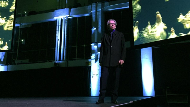 Michael Tilson Thomas surveys the crowd before introducing the premiere of SoundBox in 2014. 