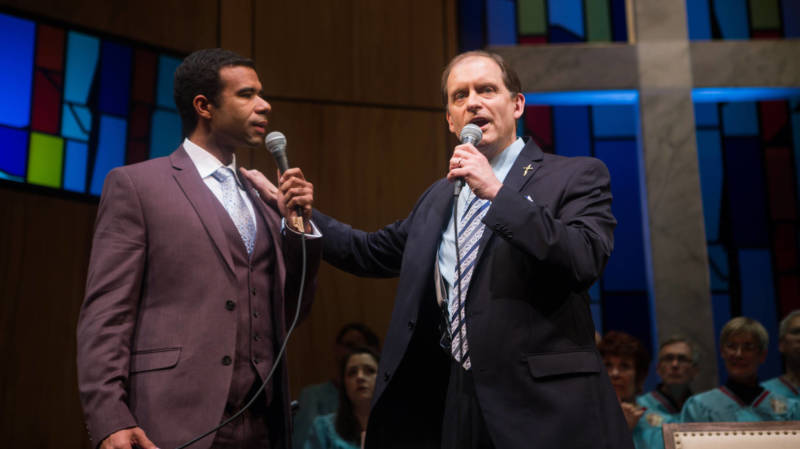 (L to R) Associate Pastor Joshua (Lance Gardner) and Pastor Paul (Anthony Fusco) debate the meaning of salvation and hell in Lucas Hnath's 'The Christians' at the San Francisco Playhouse.