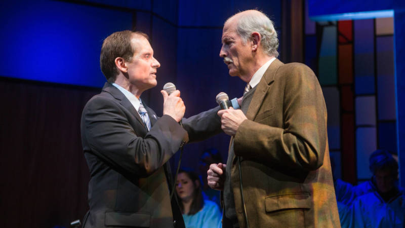 (L to R) Pastor Paul (Anthony Fusco) uses his power of persuasion on Jay (Warren David Keith) a church elder in Lucas Hnath's 'The Christians' at the San Francisco Playhouse.