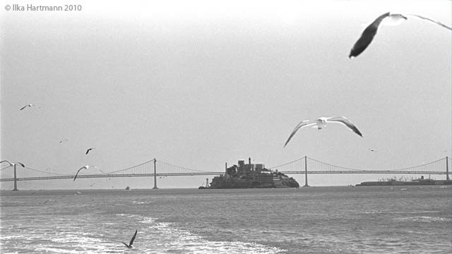 Alcatraz during the occupation of 1969-1971. This photograph and others by Ilka Hartmann are on display as part of Cement Prairie, an exhibition about Native Americans in the South Bay.