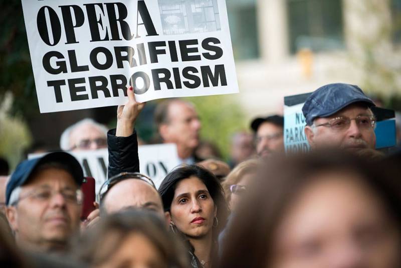 A protest outside the Metropolitan Opera in New York City on opening night of the opera, 'The Death of Klinghoffer' on October 20, 2014.